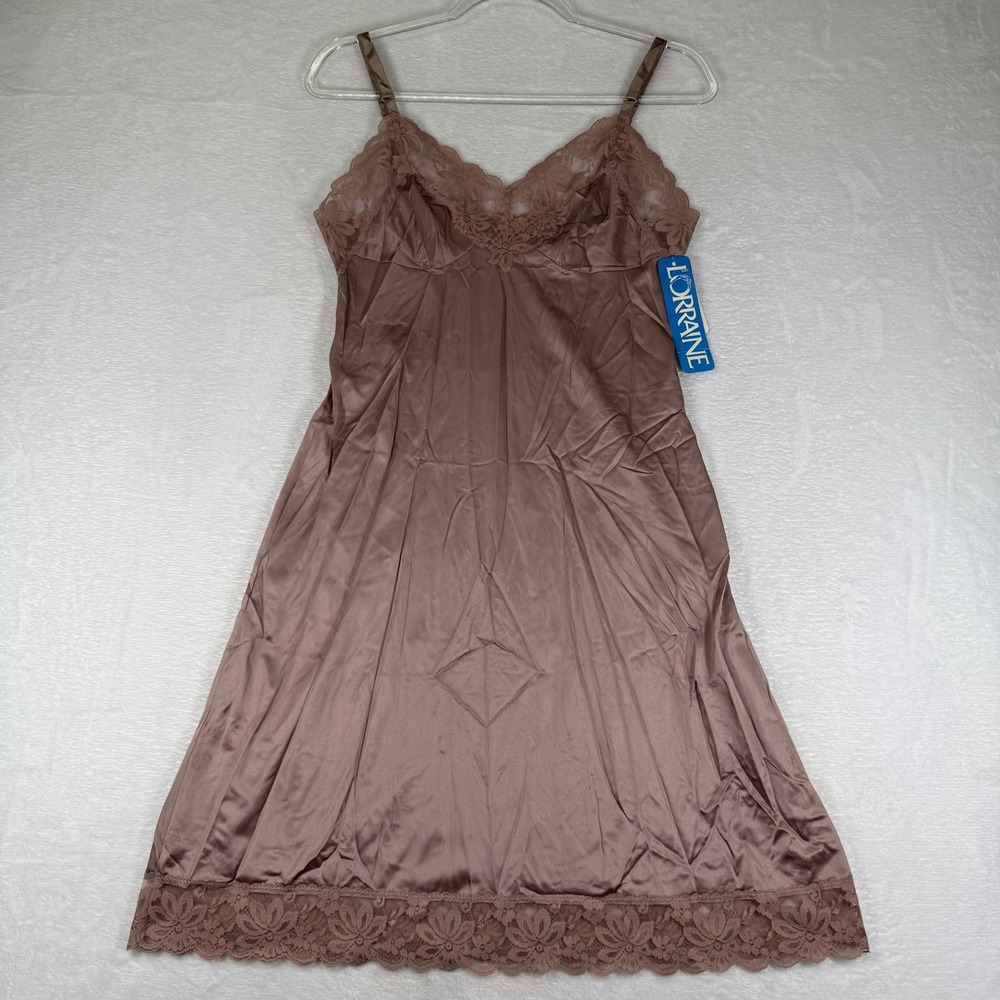 Vintage Lorraine Mink Brown Lace Trim Full Slip Dress Made in USA New NWT 34